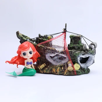 [Zabavno] morska deklica & Boat scene akcijska figura, morska deklica in zapuščene brodolom ladje na morskem dnu Fish tank dekoracijo darilo