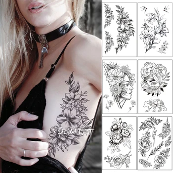 Nepremočljiva Začasni Tattoo Nalepke Črne Vrtnice Design Tattoo Cvet Roko Body Art Velika Velika Ponaredek Tatto Nalepke Za ženske
