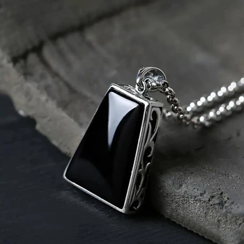 Prvotni načrt geometrijske black agate ogrlico, obesek, retro nesramna ustvarjalni moški in ženski čar blagovne znamke srebrni nakit