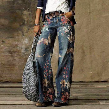 Naravnost Jeans Hlače Ženske Jeseni Mode Tiskanja Širok Noge Hlače Priložnostne Nepakirana Jeans Dolge Hlače 2021 Pomladni Vintage Ulične