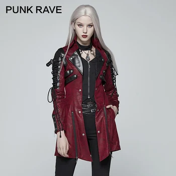 PUNK RAVE Gotike Ženske Vampir Rdeče Punk Studded Težka Pu Usnje Motoristična Jakna Usnjena Modna blagovna Znamka, Kakovost Dolg Plašč