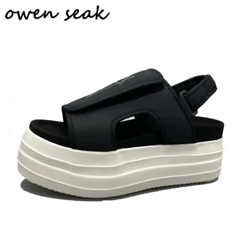 Owen Seak Moški Platneni Čevlji Luksuzni Platforma Čevlji, Superge Priložnostne Ženske Višino Narašča Stanovanj Črni Sandali