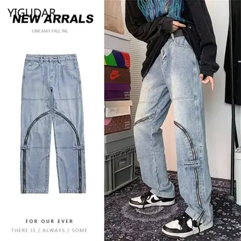 Ameriški modni jeans moški ženske zadrgo, hlače veliki žepi high street kombinezon ohlapne hlače udobno širok noge hlače