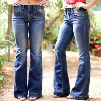 Velikost XS-4XL Ženske Jeans Priložnostne Slim Stretchy Denim Jeans Pas Prevelik Dolgo Flare Hlače Črna Svetlo Modre Hlače za Ženske