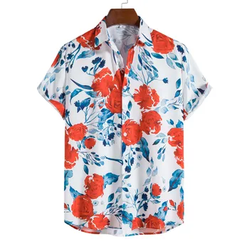 Mens Hawaiian Aloha Majica Poletje Kratek Rokav Priložnostne Gumb Navzdol Cvetlični Plaži Srajce Moške Stranke Počitnice Oblačila Camisa Moška XXL
