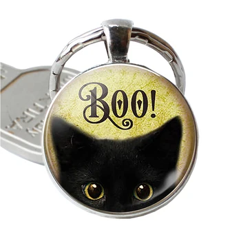 Moda Halloween Kitty Živali Boo Black Cat Obesek Trik ali Zdravljenje Nakit Steklena Kupola Srčkan Mucek Tipko Veriga Obroč Fob Darilo