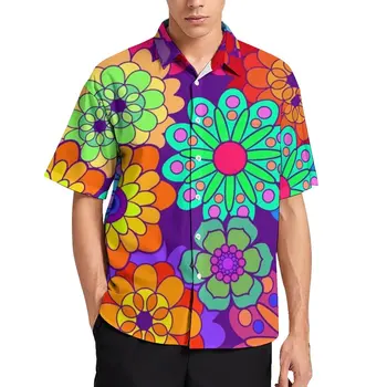 Retro Psihedelični Športna Majica Moški Hipi Tiskanja Cvetovi Hawaiian Majica Stilsko Bluze Kratek Rokav Preobsežne