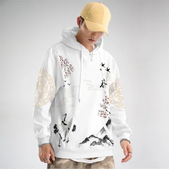 Moški Kitajski Slog Belo Tiskanje Hoodies Majica Vrhovi Moda za Moške Hoodies Pomlad Jesen Casual Moški Puloverji Jopice