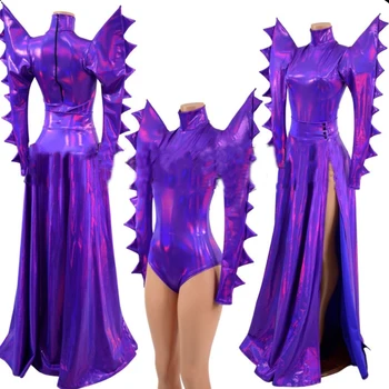 Nočni Klub Seksi Gogo Ples Kostum Vijoličen Laser Pretirana Ramenski Bodysuit Festival Obleke Cosplay Kostum Fazi Kažejo Oblačila