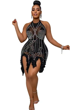 Afriške Ženske Z Obleko Diamond Čipke Povodcem Backless Obleke Poletje Nove Glej Skozi Seksi Clubwear Afriške Kratko Obleko Vestidos