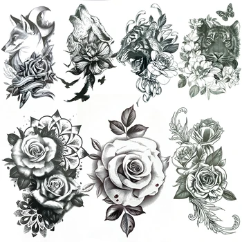Velika Rose Cvetje Začasne Tetovaže Za Ženske, Moške, Črni Tigri Daisy Tattoo Nalepke Volk Mehndi Peony Cvetlični Tattoo, Body Art Roko