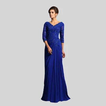 Royal Modra Mati Nevesta Obleke A-line 3/4 Rokavi Šifon Appliques Plus Velikost Dolgo Ženina Mati, Obleke Za Poročne