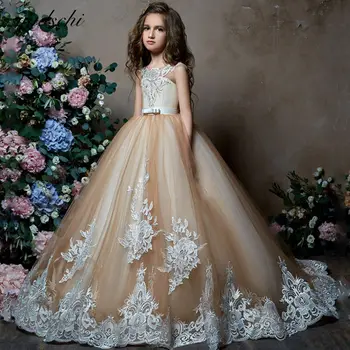 Lepe Šampanjec Til Roža Punca Obleke Za Poroko 2022 Princesa Čipke Appiliques O-Vratu Brez Rokavov Prvo Obhajilo Oblek