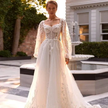 Elegantno Poročno Obleko Boho Princesa Vezene Aplicirano Luč Rokavi Čudovite Poročne Marring Til Halje Visoke Kakovosti