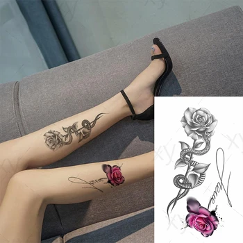 Začasno Nepremočljiva Tattoo Nalepke Skica Seksi Ženska Rdeče Rose Cvet Črna Bela Kača Tattoo Ponaredek Tatto za Roko Pasu Prsih