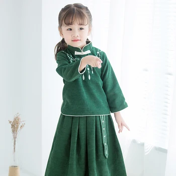 Dekleta Stari Kostum Pomlad Jesen Otrok Tradicionalna Kitajska Oblačila, Otroci Dolg Rokav Vrhovi + Krilo 2 Kos Cheongsam Nastavite B117