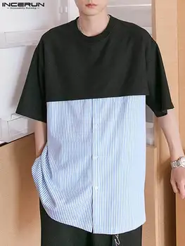 Korejski Slog Novih Moških Barva Mozaik T-Majice INCERUN Vrhovi 2022 Priložnostne Preprost Moški Prugasta Kratek Rokav Camiseta S-5XL