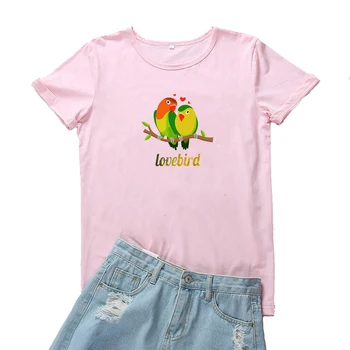 Lovebird Tshirts Ženske, Ljubek Ptic Vzorec Ženske T-shirt Smešno Akvarel Tiskanja Kratkimi Rokavi Tshirt Ženske Modni Roza Tees Ženske