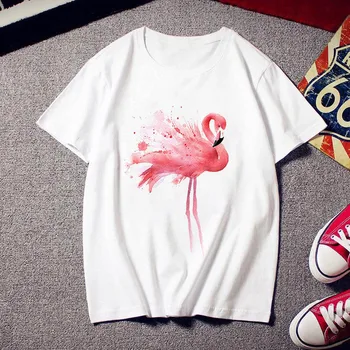 Poletje Ženska majica s kratkimi rokavi Ženske Harajuku Tiskanja Flamingo Priložnostne Moda Tshirt O-vratu Beli Vrhovi Ženski Kratek Rokav T-majice