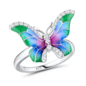 925 Sterling Srebro Ženski Luksuzni Nakit Prstan Barve Beautiful Butterfly Emajl Cvet Prst Prstan Za Ženske Stranka Darilo