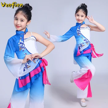 Dekleta Yangko Ples Klasična otroška Oblačila Fazi Kostume Kitajski Slog Hanfu Ventilator, Krovni Plesna Predstava Obleka